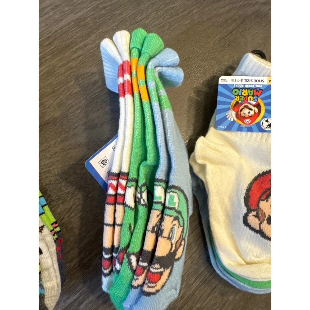 New Kids Super Mario and TMNT Mid-Crew Socks 3 Pack Bundle Size S/M 5-11.5